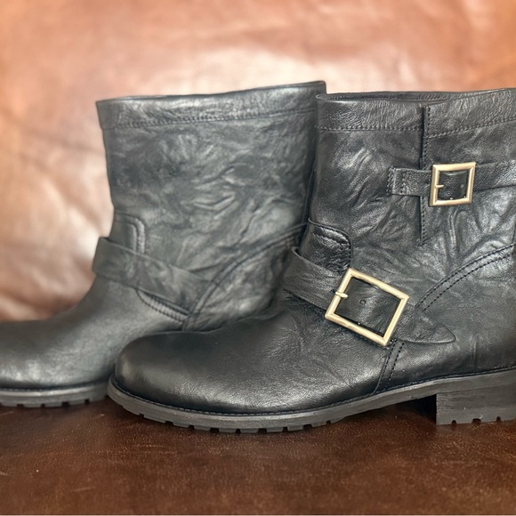 Jimmy Choo Black Biker Ankle Booties with Gold Buckle